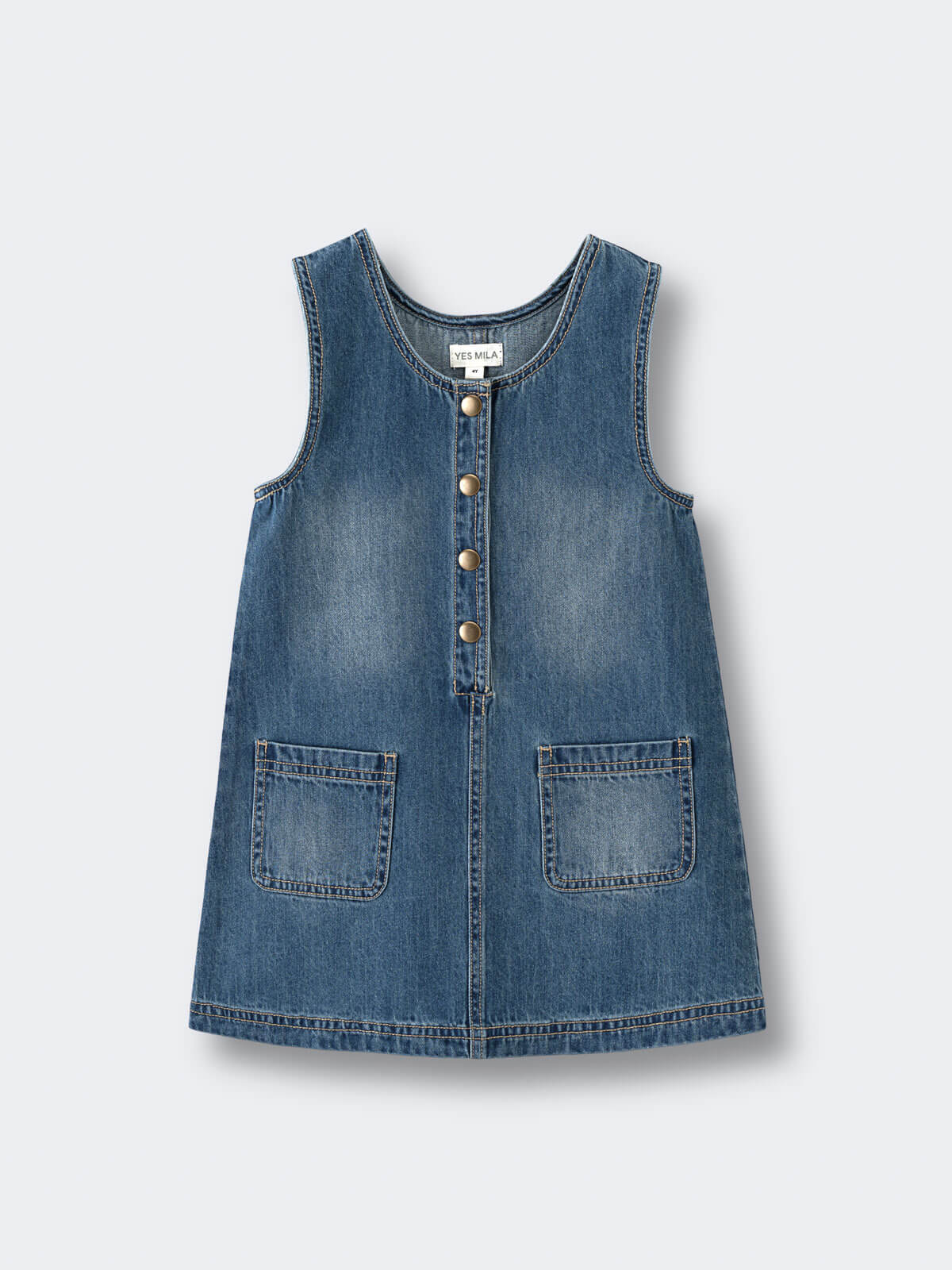 Denim dress with button details on a light gray background Denim Pinafore Dress - Blue Denim Girls