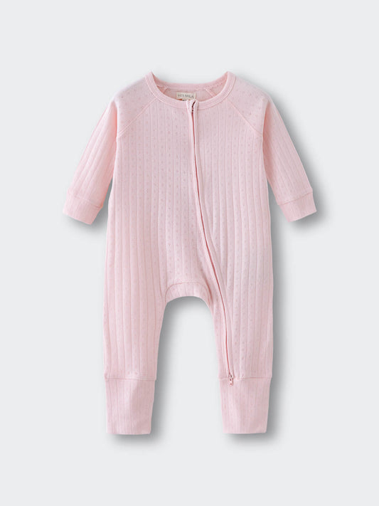 Pink ribbed baby romper with zipper closure on white background Elise Long Sleeve One Piece - Candy Floss Baby girl