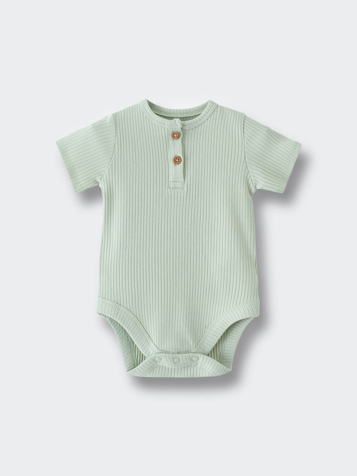 Light green ribbed baby bodysuit with two brown buttons at the neckline Henley Short Sleeve Bodysuit - Matcha Baby boy