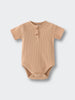 Ribbed beige baby bodysuit with short sleeves and two buttons at neck Henley Short Sleeve Bodysuit - Sand Baby boy