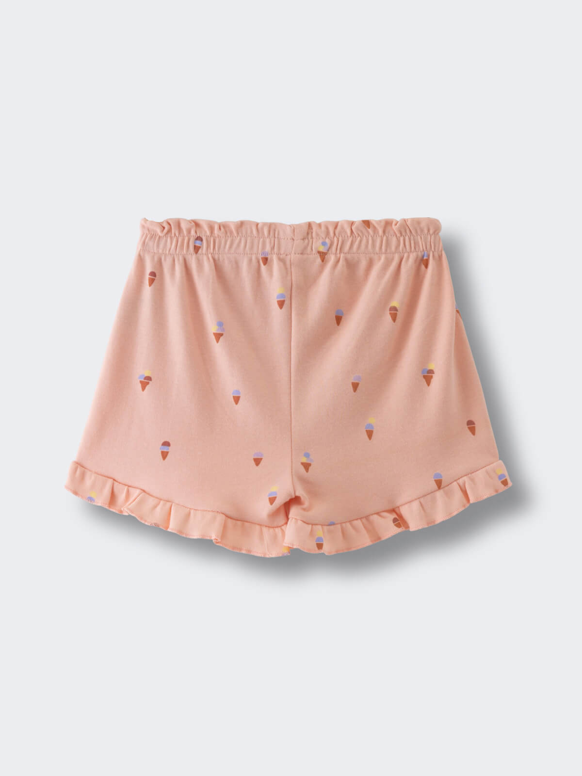 Peach-colored shorts with ice cream print and ruffle hem detail Jersey Shorts - Ice Creams Girls