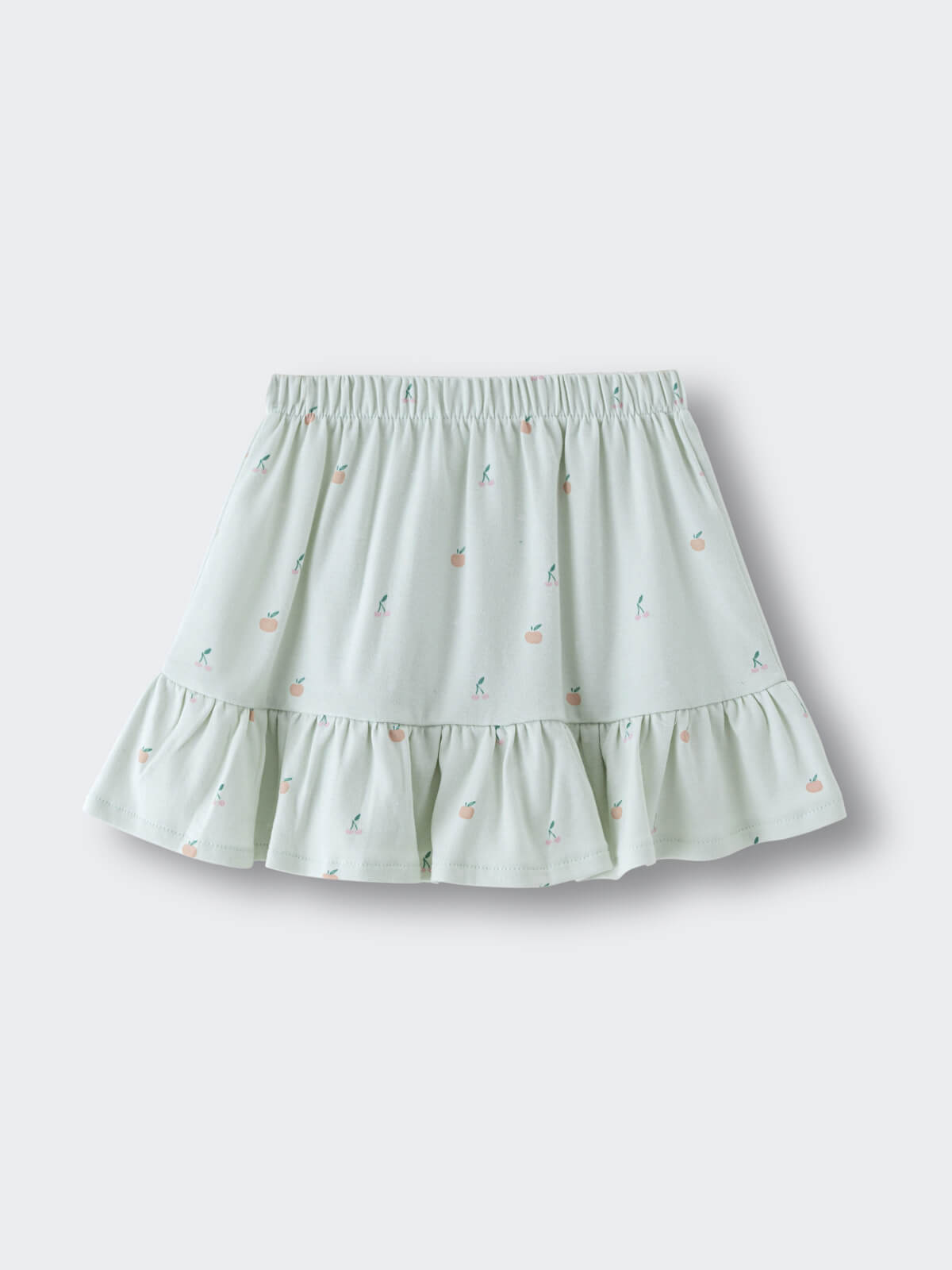 Light green skirt with peach fruit print and ruffle hem Jersey Skirt - Summer Fruits Girls
