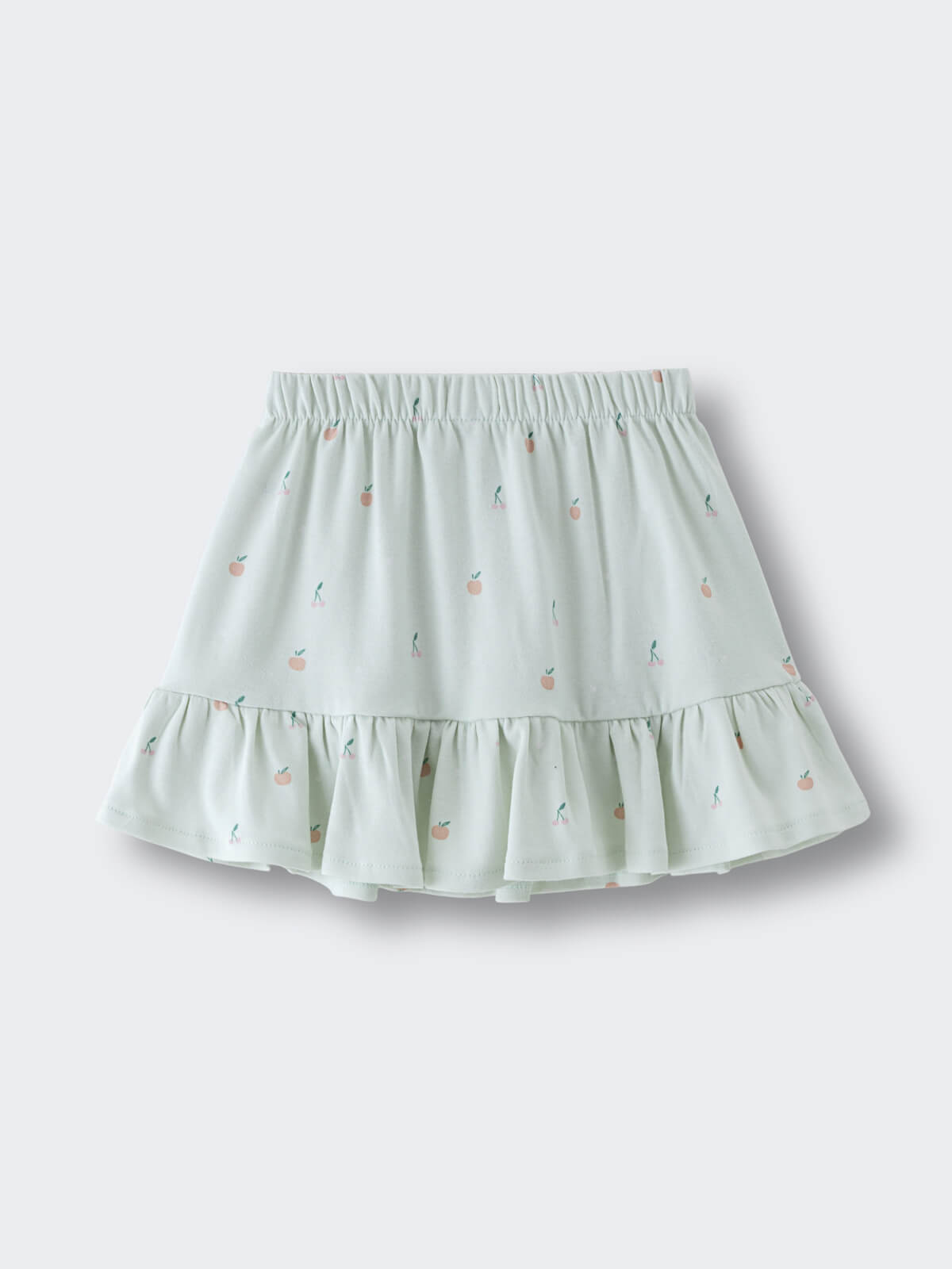 Light green skirt with peach fruit pattern and ruffled hem Jersey Skirt - Summer Fruits Girls