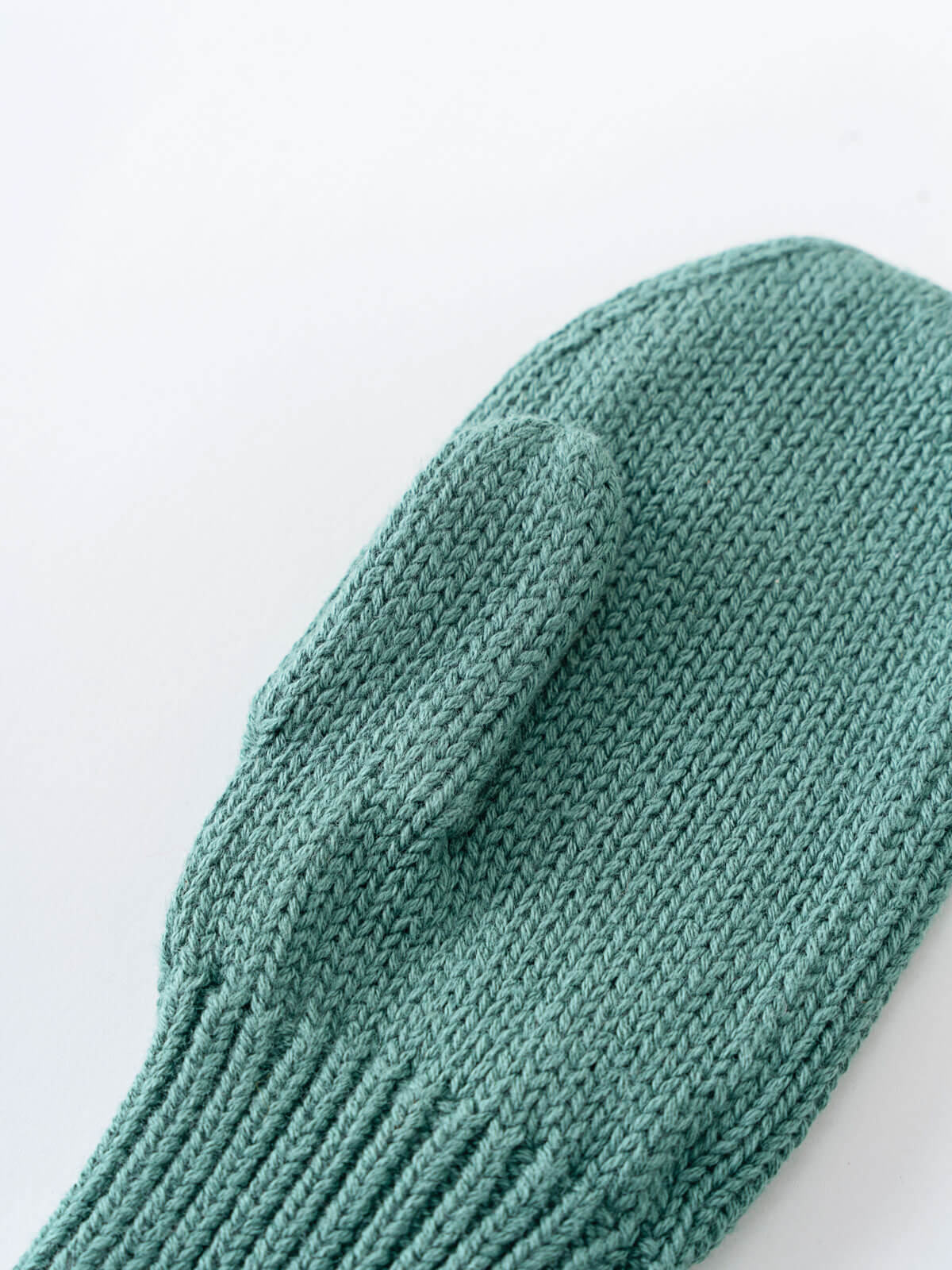 Close-up of a teal knitted item on a light gray background Knit Mittens - Balsam Boys
