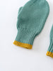 Knitted teal mittens with yellow cuffs on a white background Knit Mittens - Balsam Boys