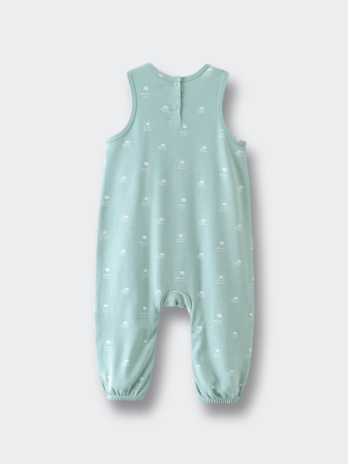 Light green sleeveless baby romper with small white embroidered pattern throughout Leo Romper - Summer Time Baby boy