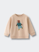 Beige sweatshirt with illustrated bear wearing teal sweater and blue shorts Feature Print Sweatshirt - Hiking Bear Baby boy