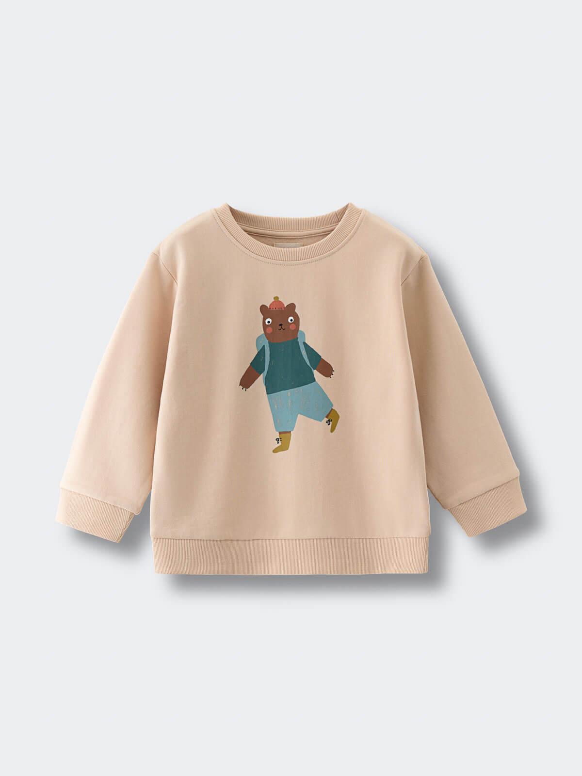 Beige sweatshirt with illustrated bear wearing teal sweater and blue shorts Feature Print Sweatshirt - Hiking Bear Baby boy