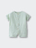 Light green striped baby romper with button front and two pockets laid flat Muslin Romper - Light Green Stripe Baby boy