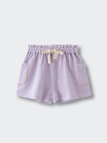 Lavender textured muslin shorts with cream drawstring and front pockets on white background Shorts - Lilac Girls