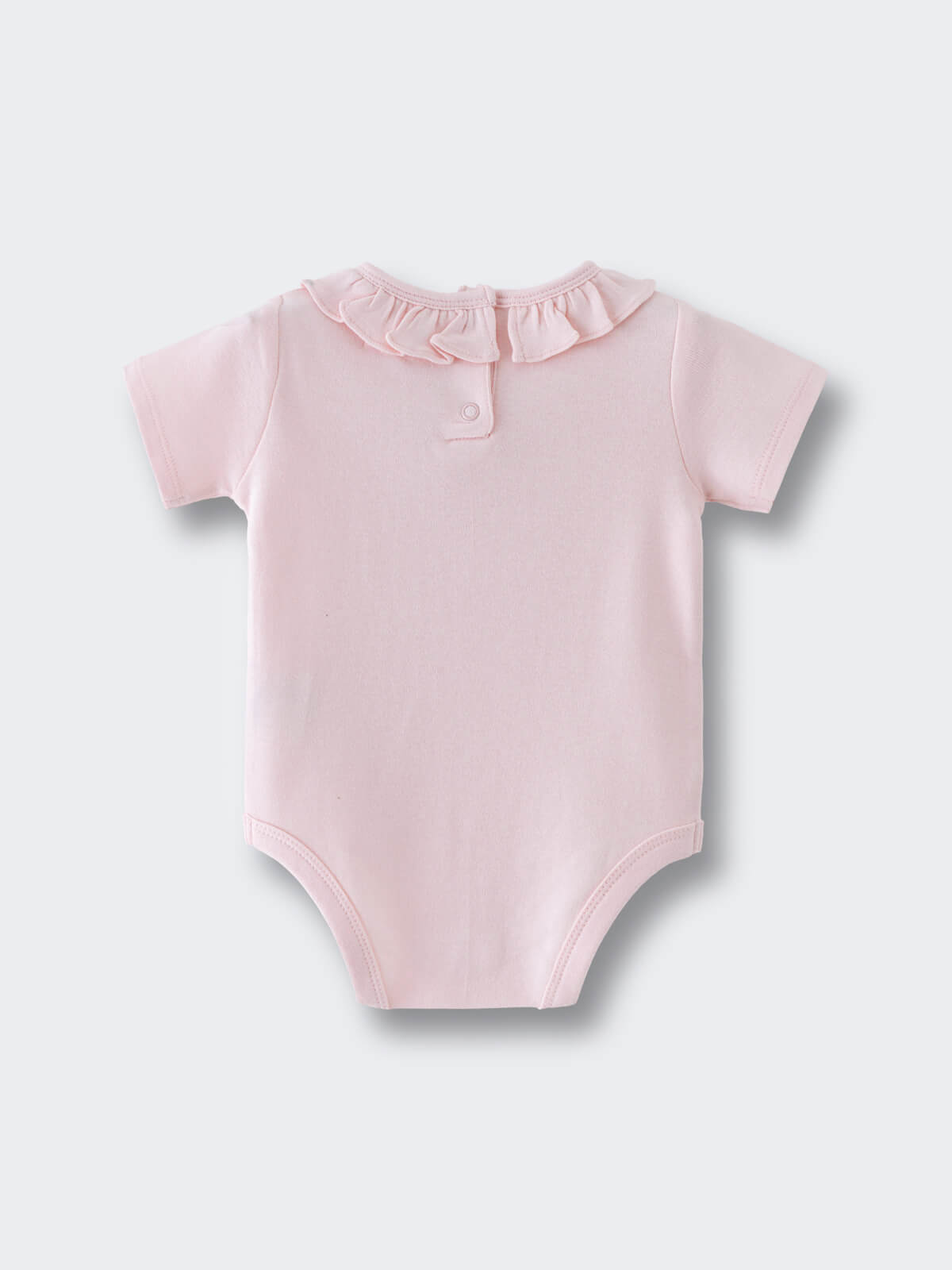 Back view of a pale pink short sleeve bodysuit with ruffled collar Olivia Short Sleeve Bodysuit - Candy Floss Baby girl
