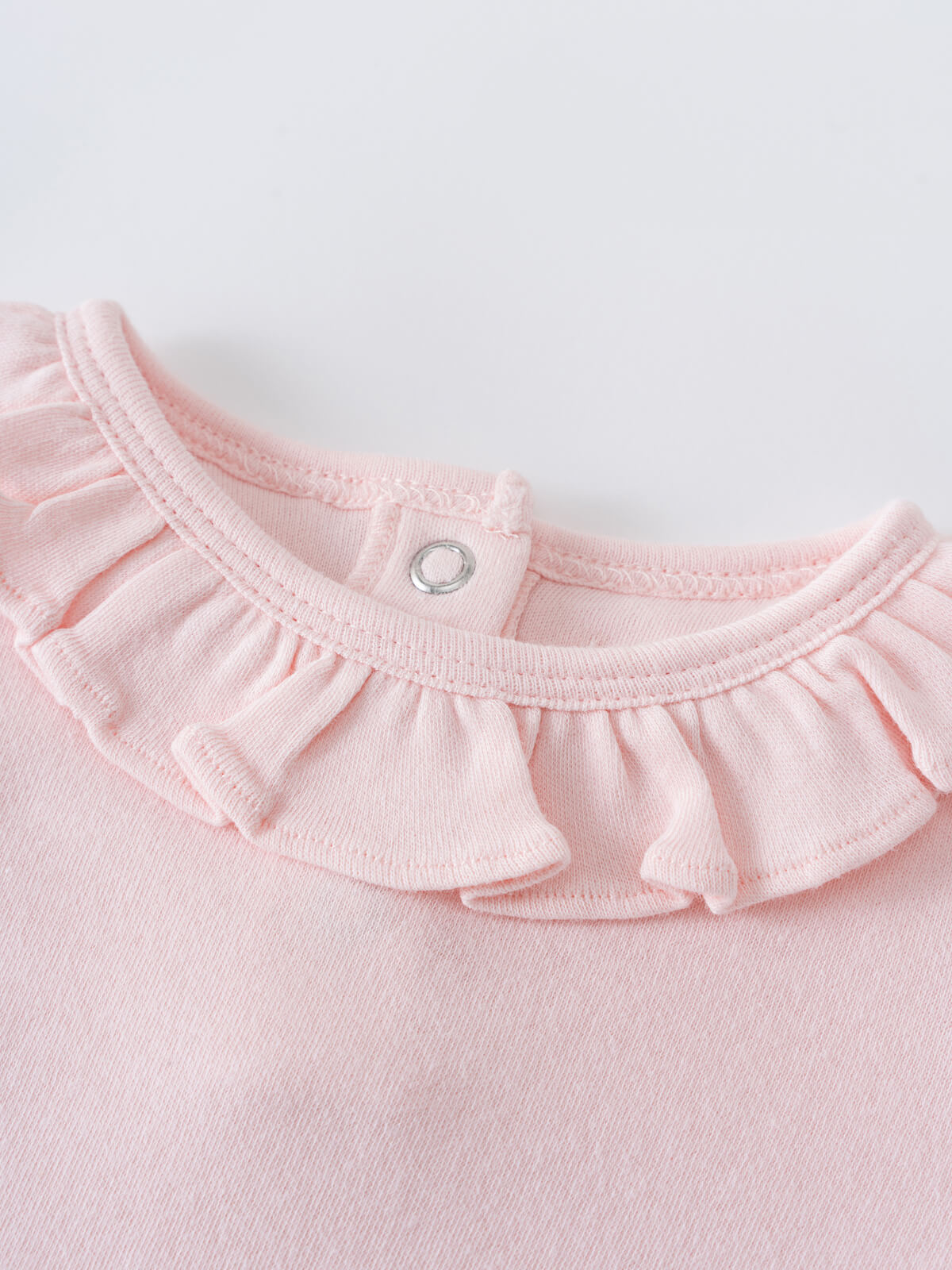 Close-up of a pink baby bodysuit with a ruffled collar and snap closure Olivia Short Sleeve Bodysuit - Candy Floss Baby girl