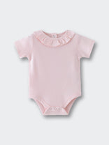 Light pink baby bodysuit with ruffled collar and snap closures Olivia Short Sleeve Bodysuit - Candy Floss Baby girl