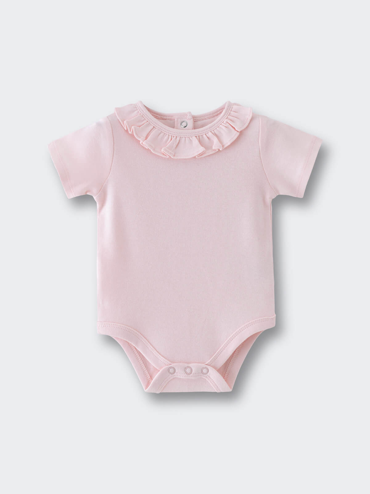Light pink baby bodysuit with ruffled collar and snap closures Olivia Short Sleeve Bodysuit - Candy Floss Baby girl