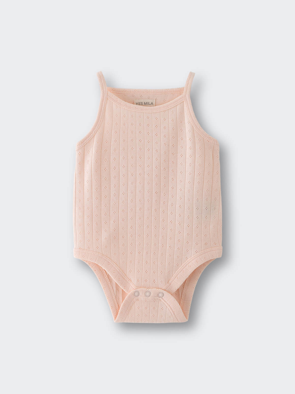 Light pink ribbed knit baby bodysuit with thin straps and snap closures Pointelle Singlet Bodysuit - Shell Pink Baby girl