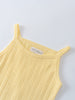 Close-up of yellow ribbed knit bodysuit with thin straps and label Pointelle Singlet Bodysuit - Sun Soaked Baby girl