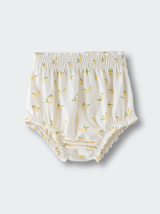 White baby bloomers with yellow lemon print and elastic waistband Printed Bloomers - Lemons Baby girl