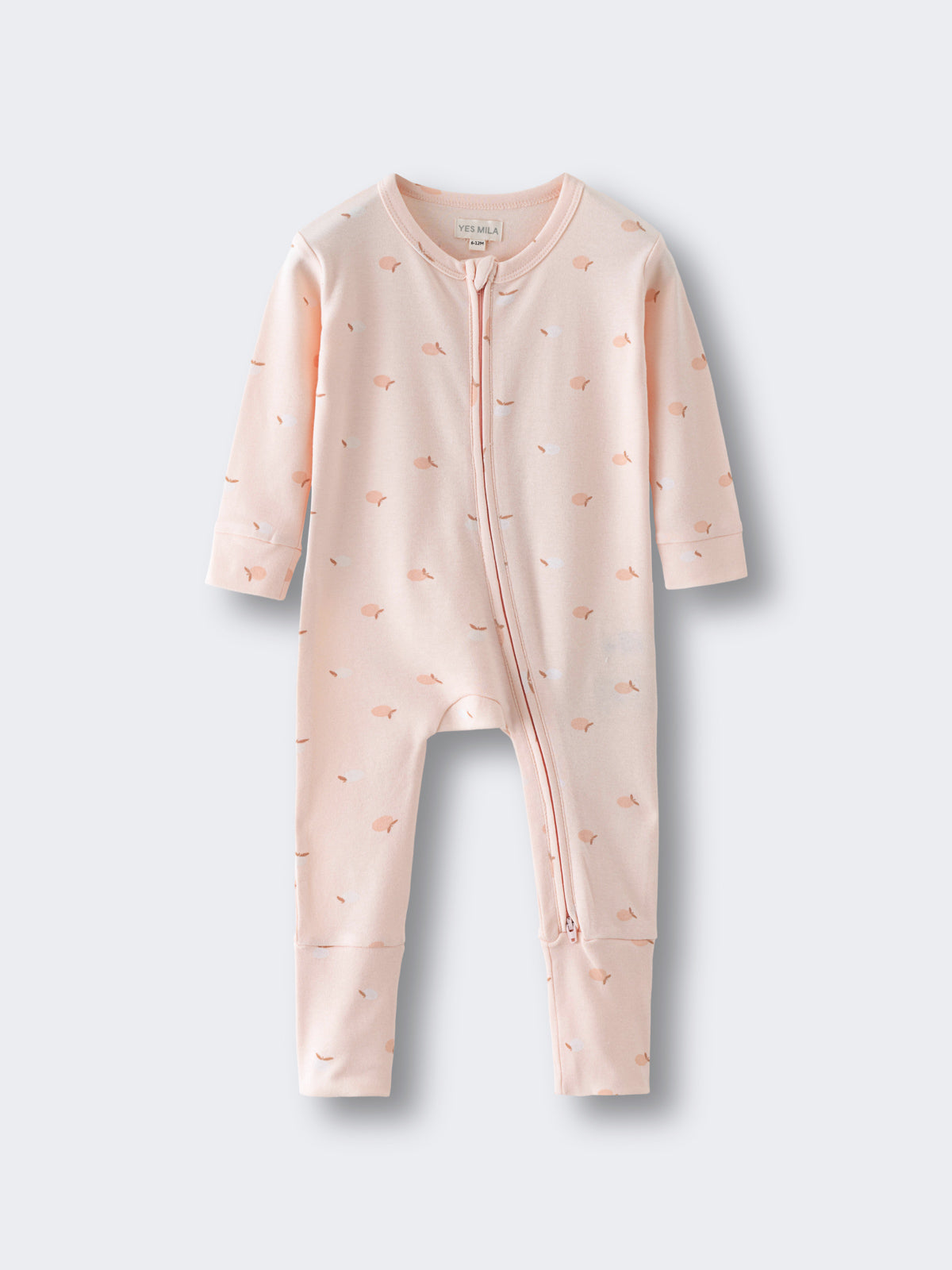 Light pink one-piece with small apple print and front zipper Printed Long Sleeve One Piece - Apples Baby girl