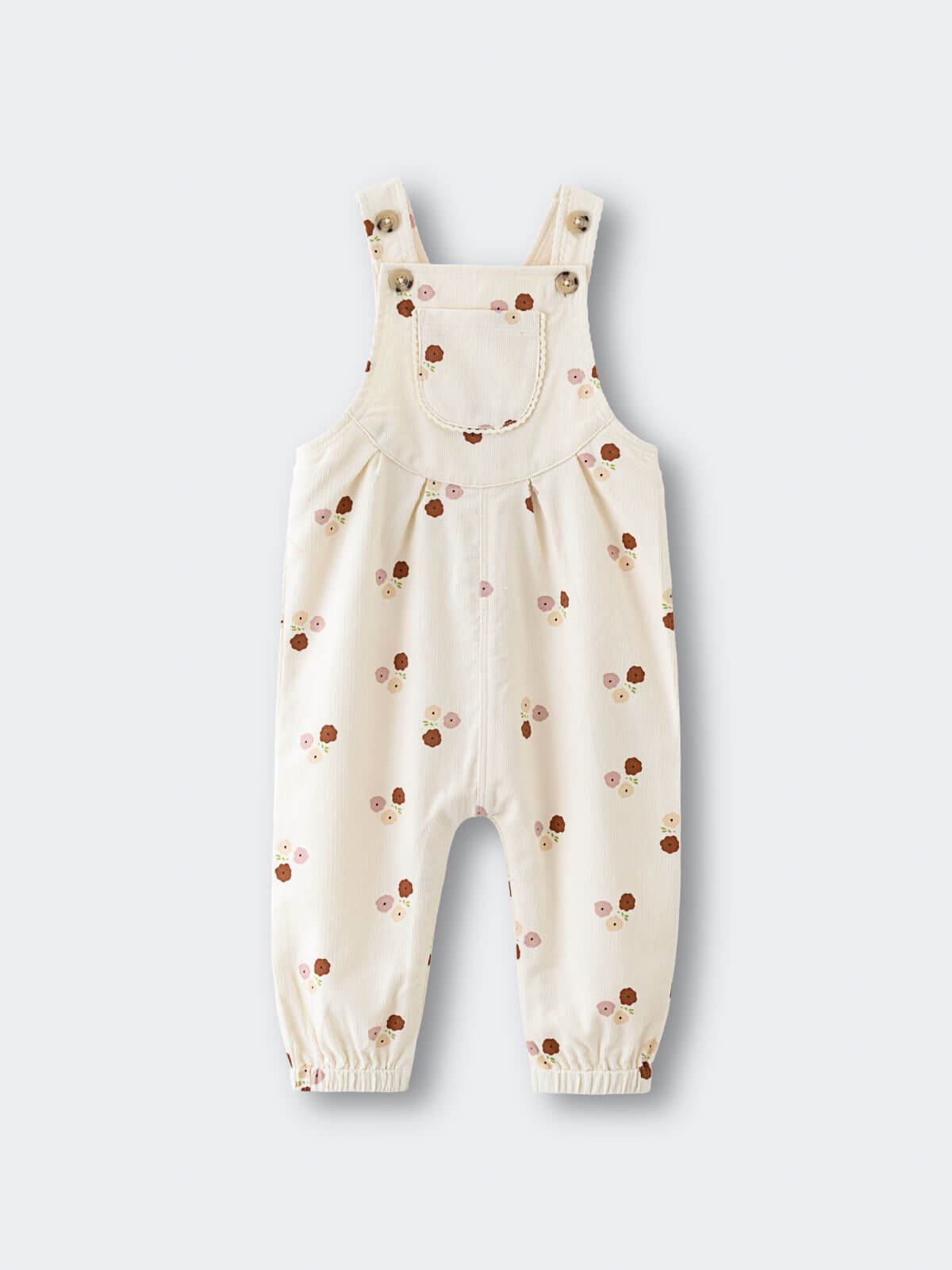 Baby beige overalls with floral patterns  on a white background Printed Overalls - Autumn Bouquet Ecru Baby girl