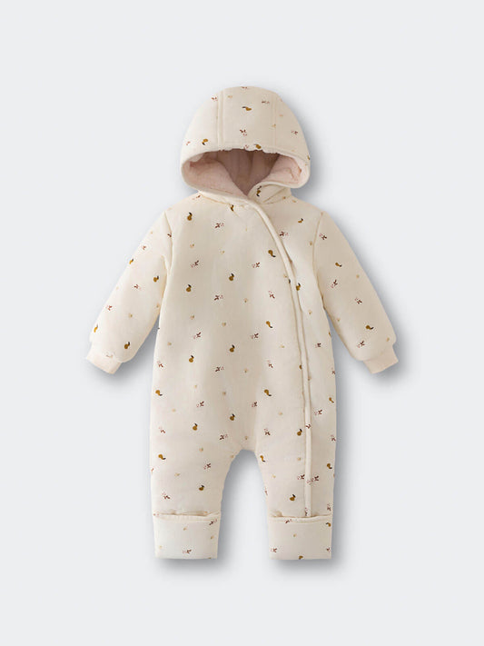 Cream hooded baby pram suit with fruit pattern on a light gray  Printed Pram Suit - Autumn Harvest Ecru Baby girl