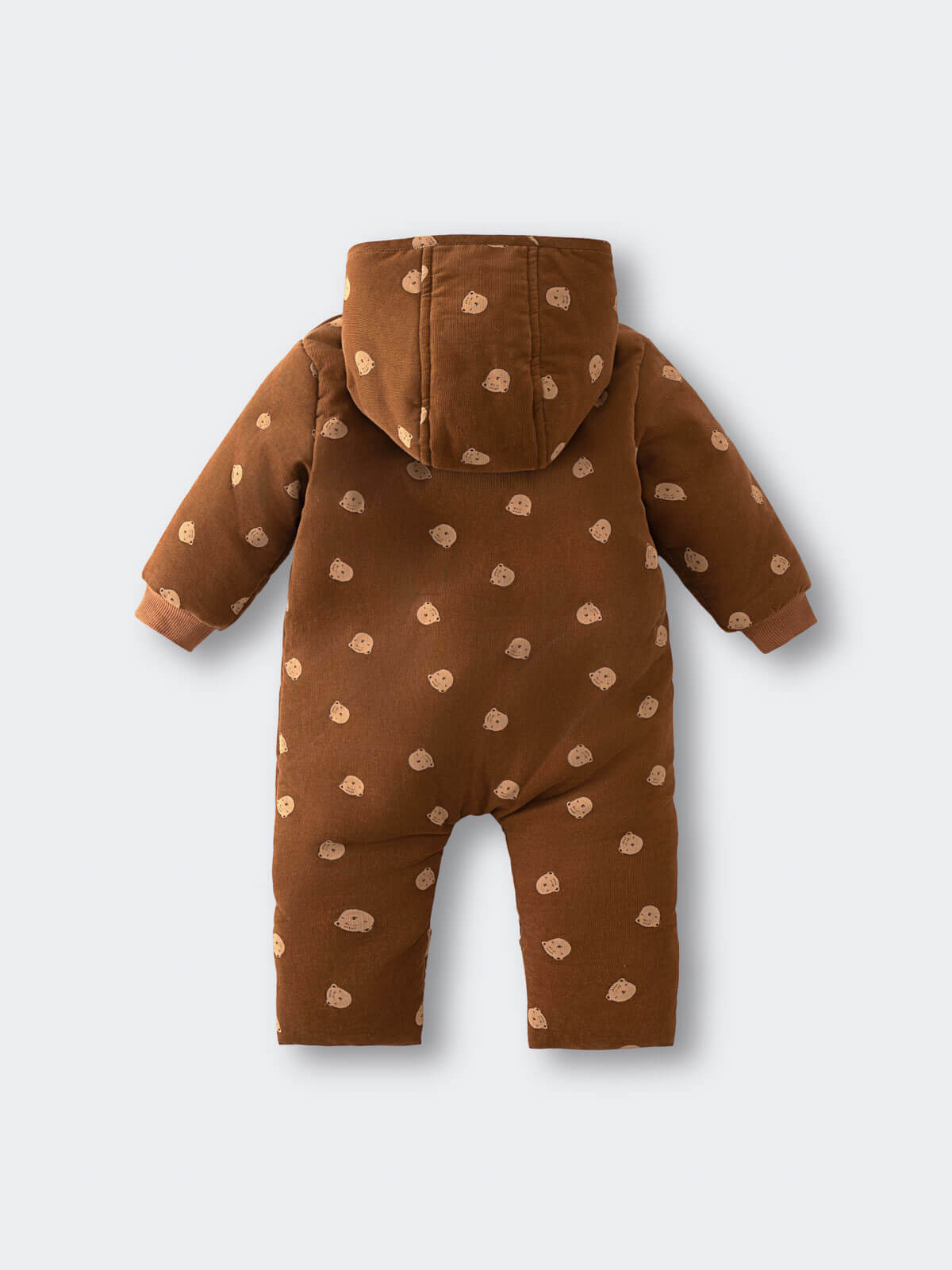 Brown hooded baby pram suit with cream bears on a light gray  Printed Pram Suit - Cosy Bear Russet Baby girl
