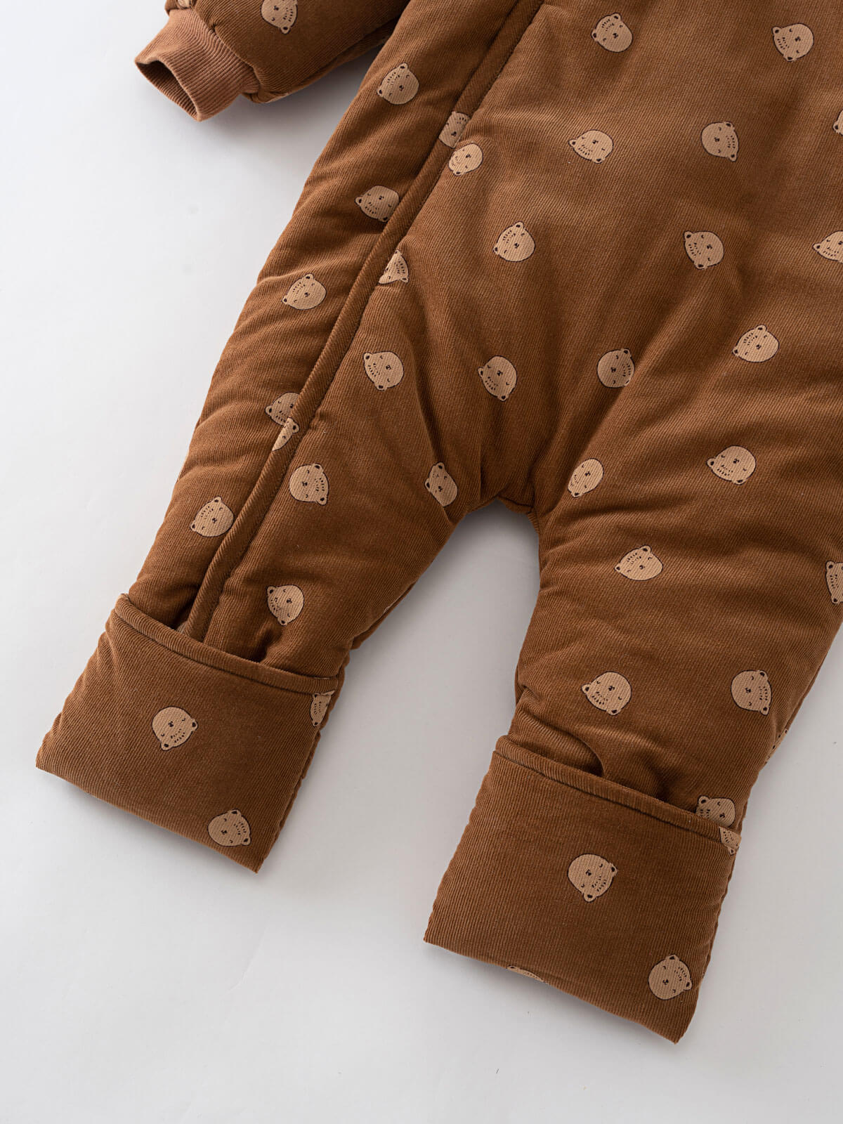 Brown hooded baby pram suit with cream bears on a light gray  Printed Pram Suit - Cosy Bear Russet Baby girl