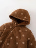 Brown hooded baby pram suit with cream bears on a light gray background Printed Pram Suit - Cosy Bear Russet Baby girl