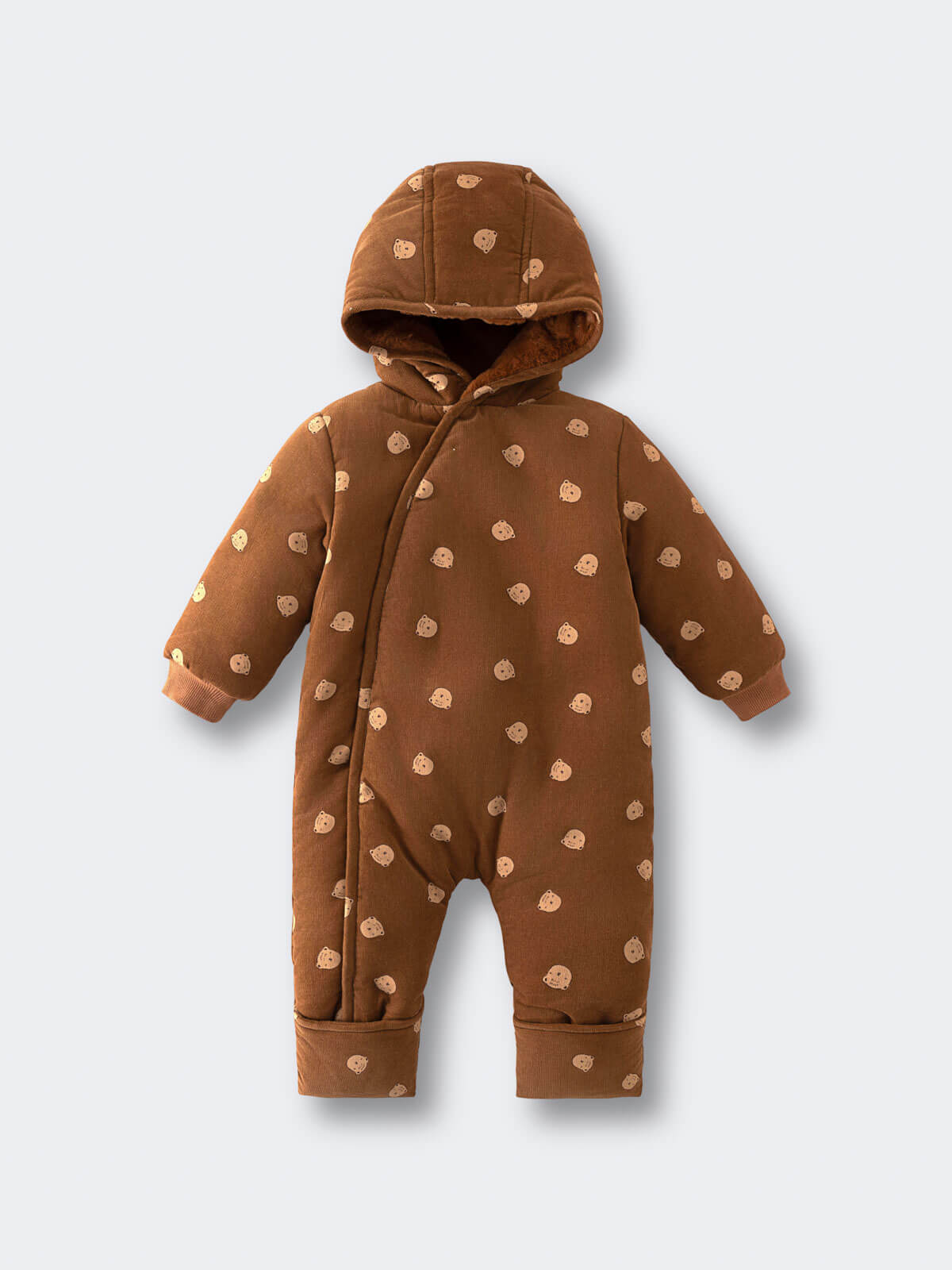 Brown baby pram suit with cream bears on a light gray background Printed Pram Suit - Cosy Bear Russet Baby girl