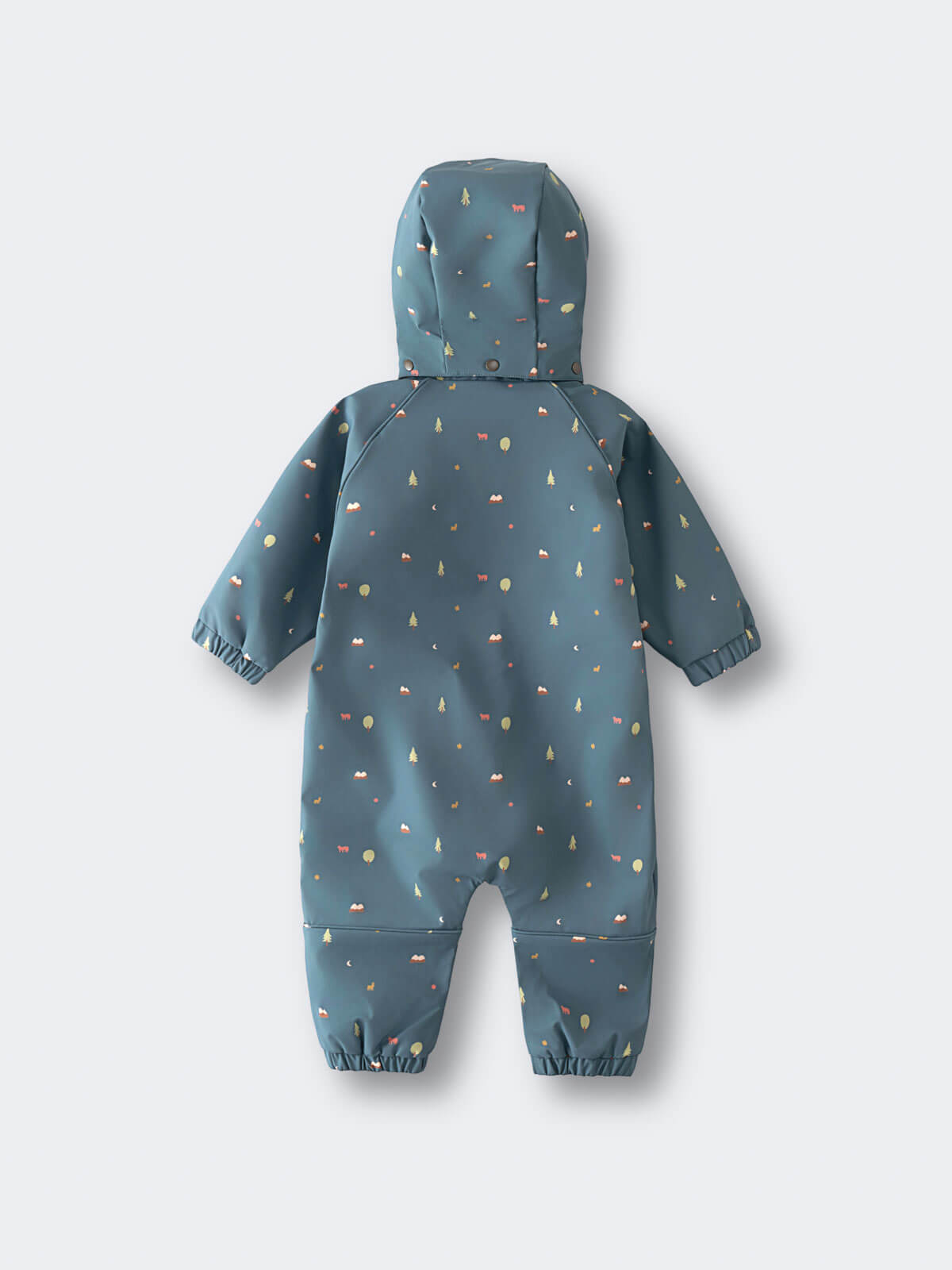 Blue baby rain suit with colorful patterns on a light gray background Printed Puddle Suit - Mountain View Balsam Baby girl