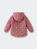 Back view of a dusty pink puffer jacket with white bird pattern and hood Printed Puffer Vest Jacket - Forest Gathering Rosehip Girls