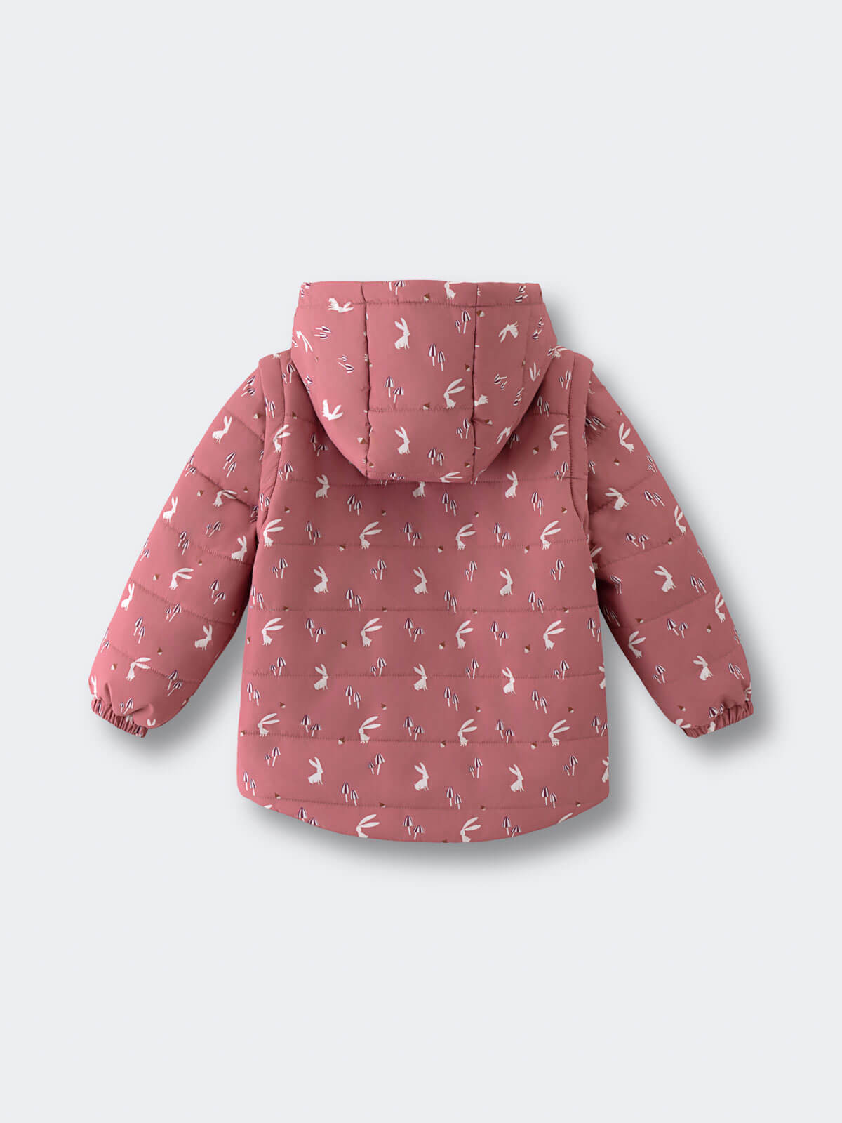 Back view of a dusty pink puffer jacket with white bird pattern and hood Printed Puffer Vest Jacket - Forest Gathering Rosehip Girls