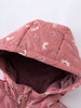 Pink puffer vest with bird pattern shown unzipped revealing dark fleece lining Printed Puffer Vest Jacket - Forest Gathering Rosehip Girls