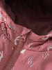 Close-up of pink puffer vest zipper with white rabbit and mushroom print Printed Puffer Vest Jacket - Forest Gathering Rosehip Girls