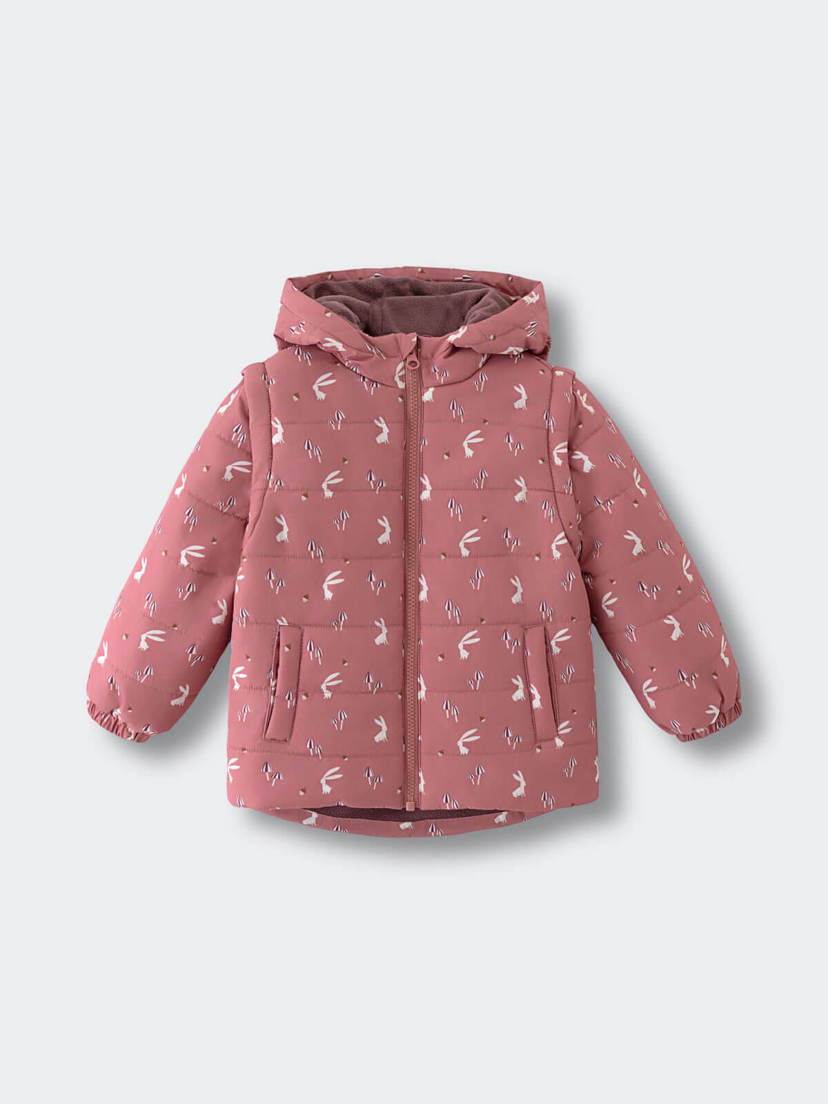 Pink hooded puffer jacket with white bunny print pattern and front zipper Printed Puffer Vest Jacket - Forest Gathering Rosehip Girls