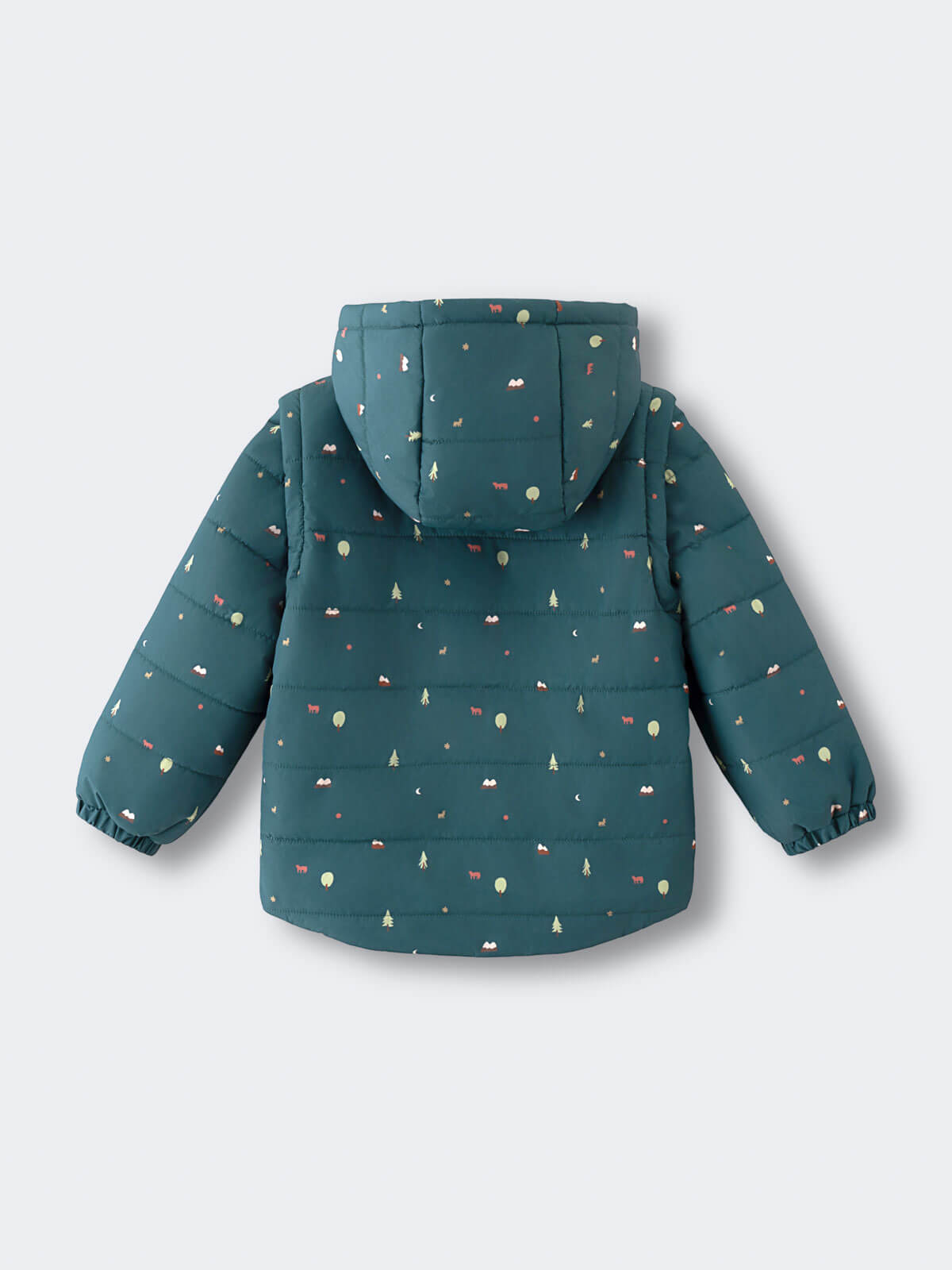 Teal quilted jacket with small printed pattern laid flat, back view Printed Puffer Vest Jacket - Mountain View Balsam Boys
