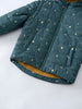 Close-up of a teal quilted puffer jacket with small mountain and nature print Printed Puffer Vest Jacket - Mountain View Balsam Boys