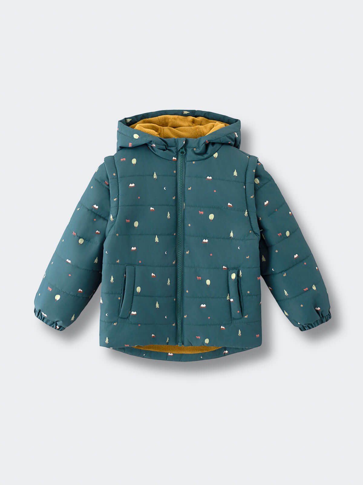 Teal puffer jacket with small print pattern and yellow lining Printed Puffer Vest Jacket - Mountain View Balsam Boys