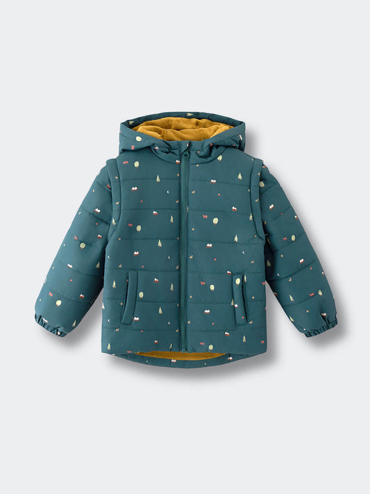 Teal puffer jacket with small print pattern and yellow lining Printed Puffer Vest Jacket - Mountain View Balsam Boys