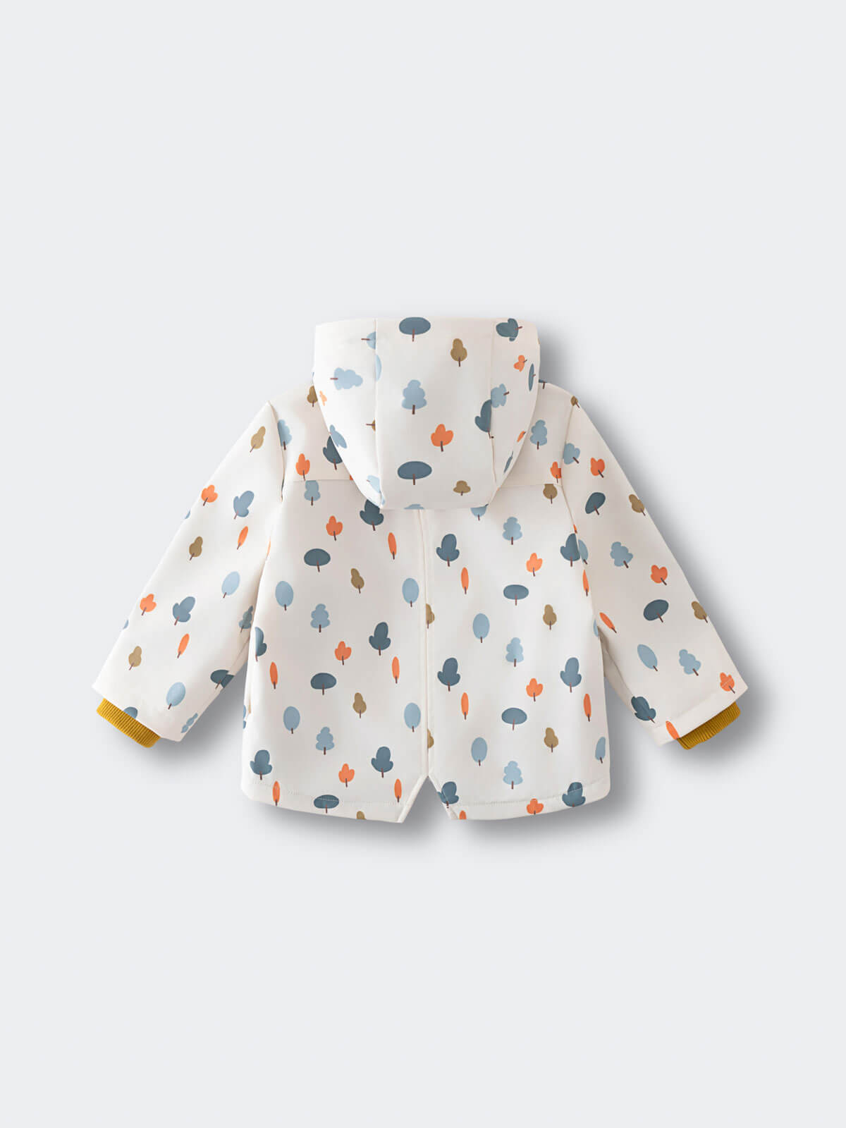White hooded raincoat with colorful tree pattern and yellow cuff details Printed Raincoat - Forest Adventure Ecru Boys