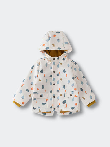 Children's hooded raincoat with tree pattern and button front closure Printed Raincoat - Forest Adventure Ecru Boys