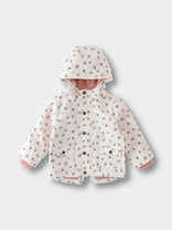 Hooded raincoat with floral print and snap buttons laid flat Printed Raincoat - Wild Flowers Ecru Girls