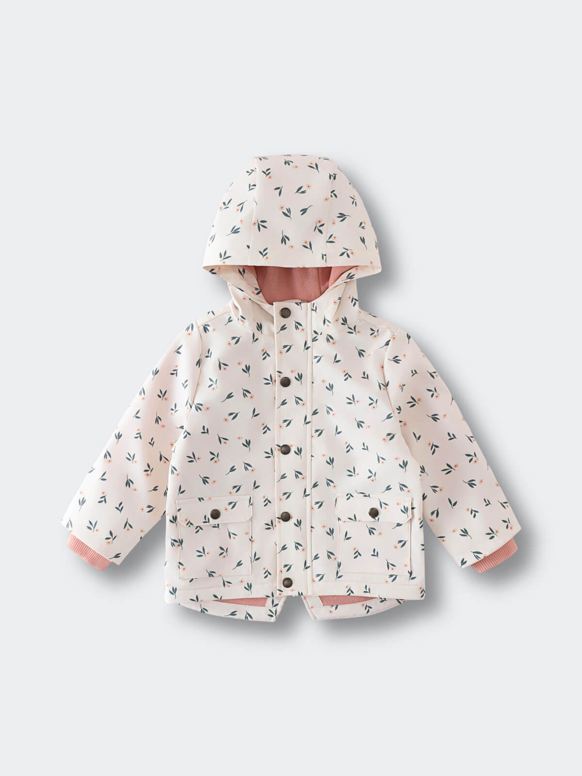 Hooded raincoat with floral print and snap buttons laid flat Printed Raincoat - Wild Flowers Ecru Girls