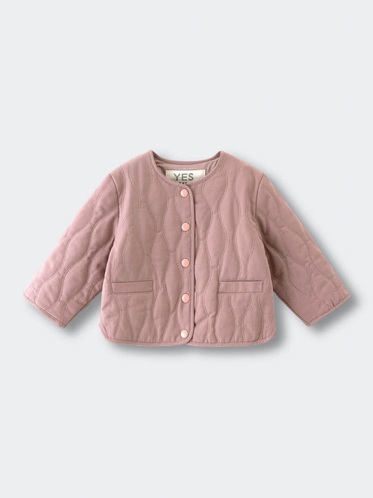 Pink quilted jacket on a light gray background