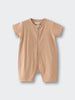Beige ribbed baby romper with front zipper and short sleeves Ribbed Short Sleeve One Piece - Sand Baby boy