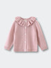 Pink ribbed knit cardigan with white buttons and pleated ruffle collar Ruffle Cardigan - Blush Girls