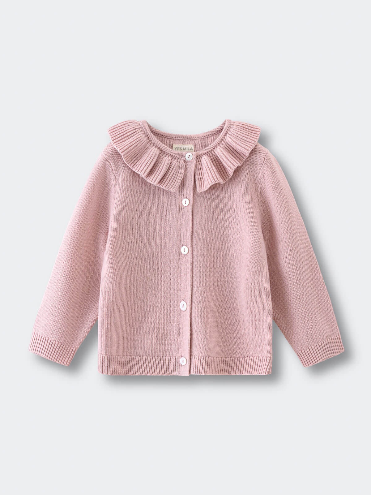 Pink ribbed knit cardigan with white buttons and pleated ruffle collar Ruffle Cardigan - Blush Girls