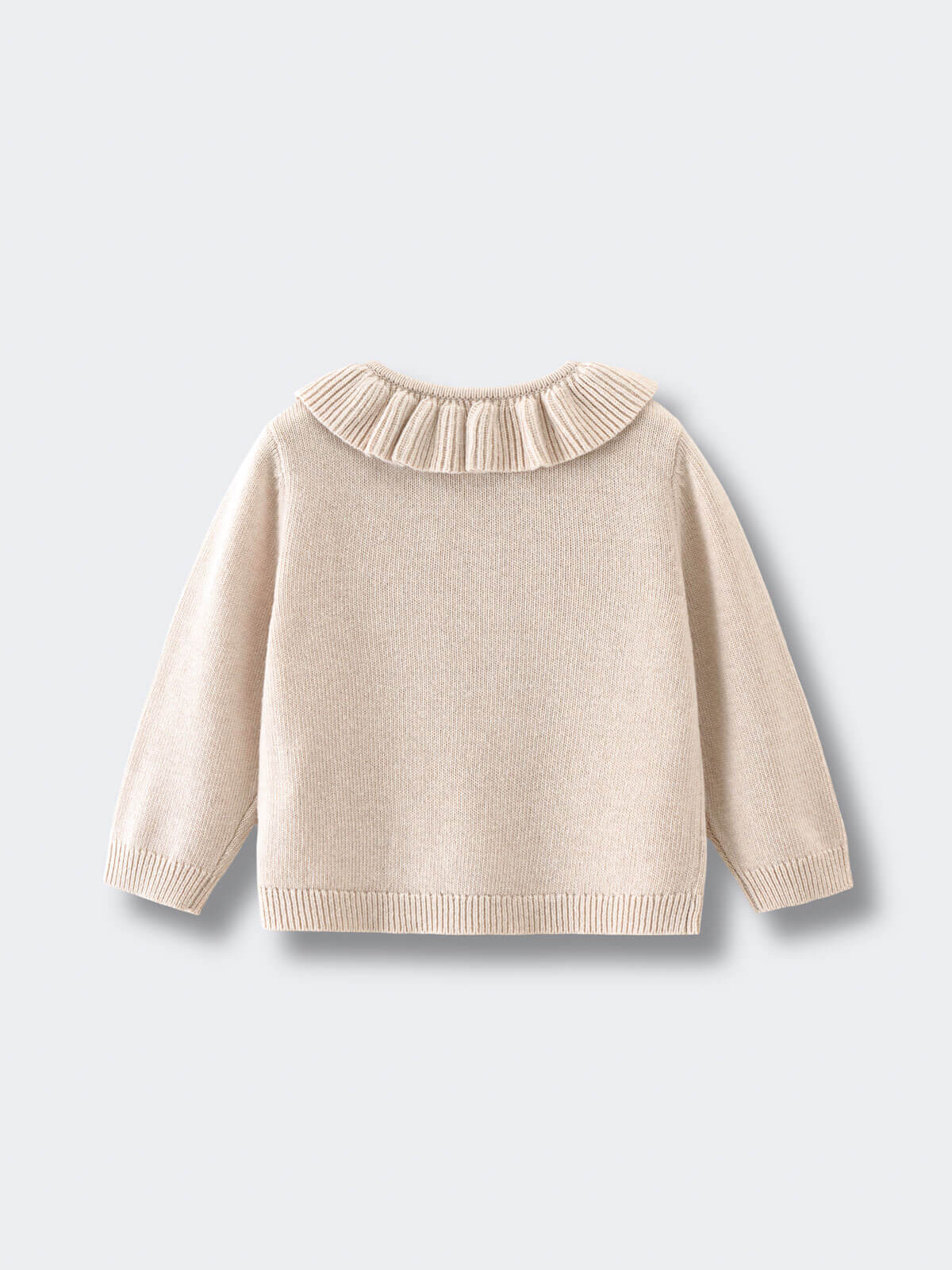 Beige sweater with a ruffled collar on a light gray background Ruffle Cardigan - Ecru Girls