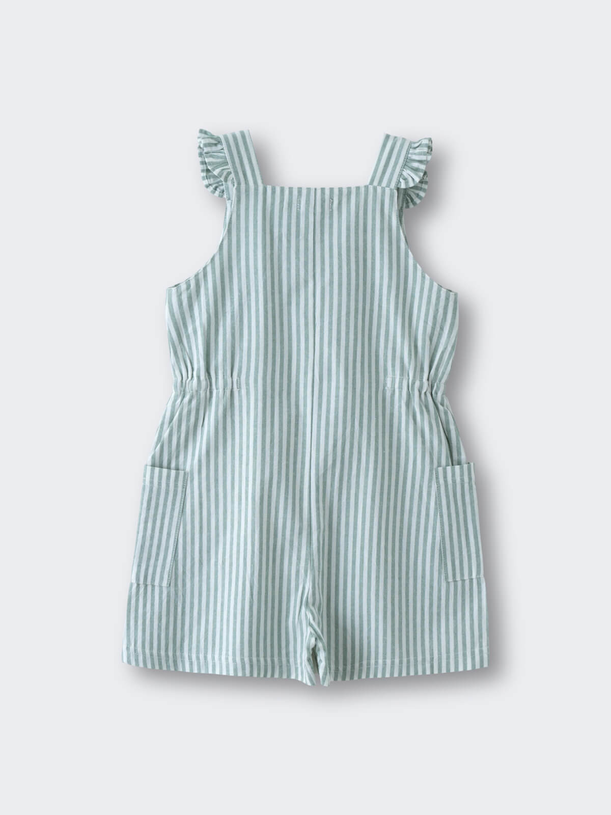 Striped short playsuit with ruffled sleeves and front pockets on white background ruffle Playsuit - Mint Stripe Girls
