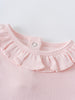 Close-up of a pink baby bodysuit with a ruffled collar and snap closure Ruffle Short Sleeve Bodysuit - Candy Floss Baby girl