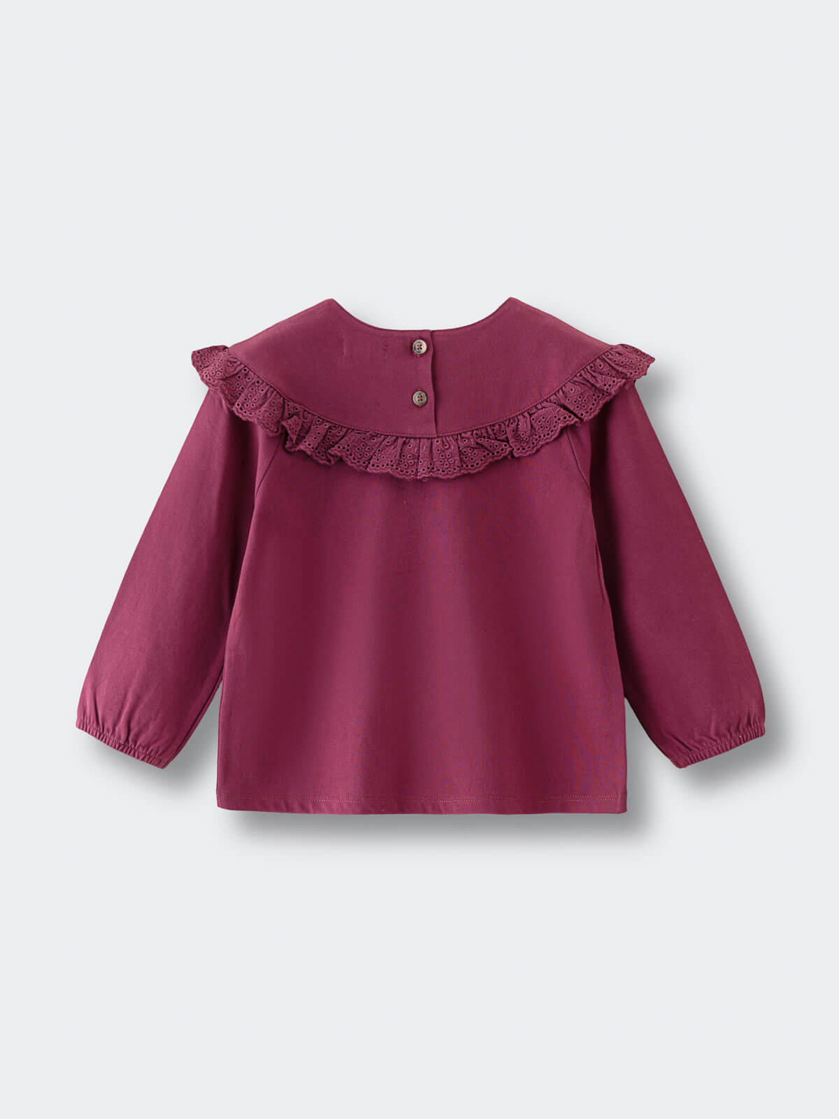 Purple blouse with ruffled collar on a light gray background Ruffle Top - Plum Jam Girls